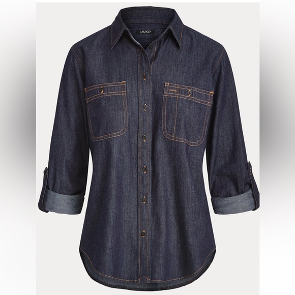Lauren Ralph Lauren Tops - Lauren Ralph Lauren dark blue Denim long sleeve roll up shirt Size MEDIUM
